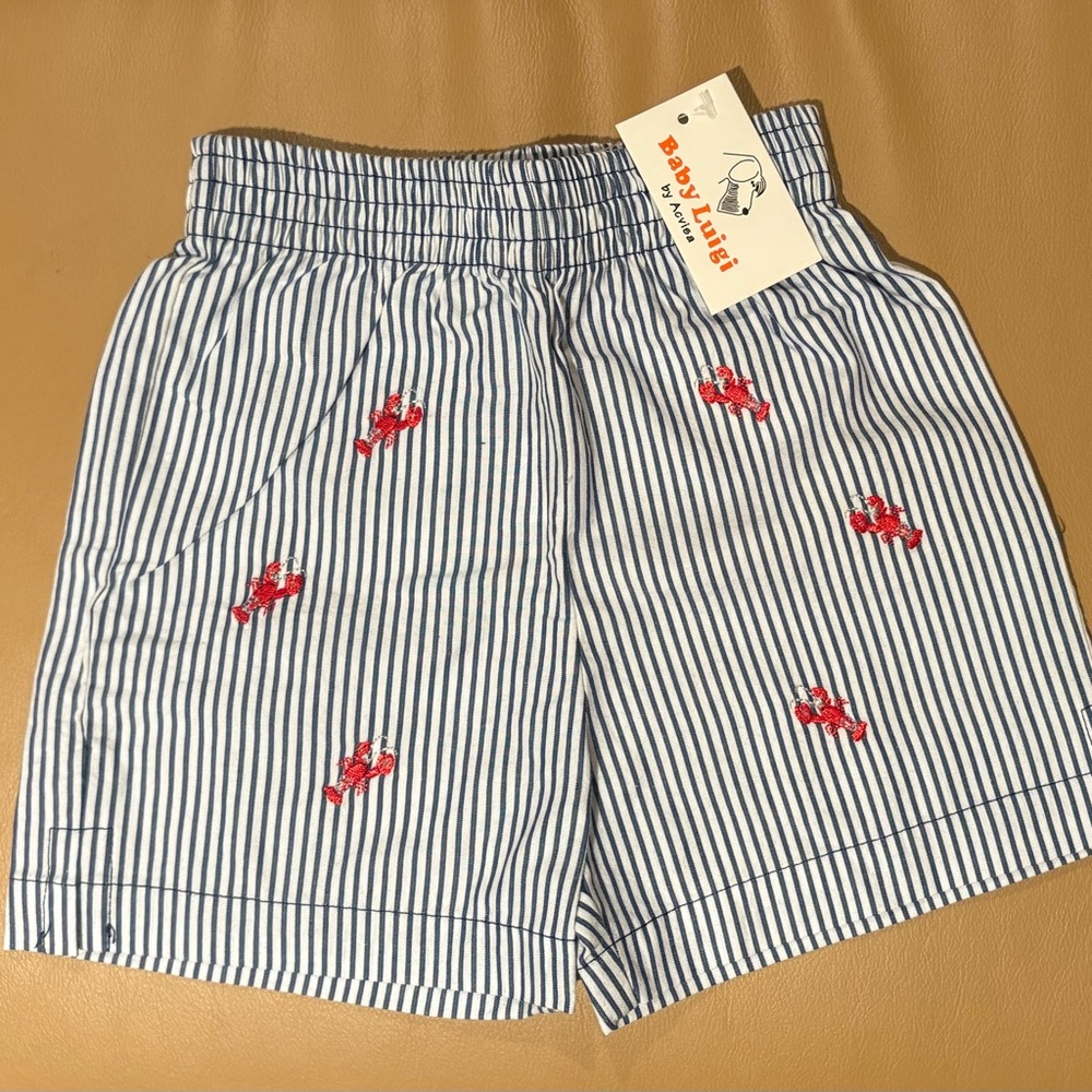 Lobster Embroidery Navy Striped Shorts